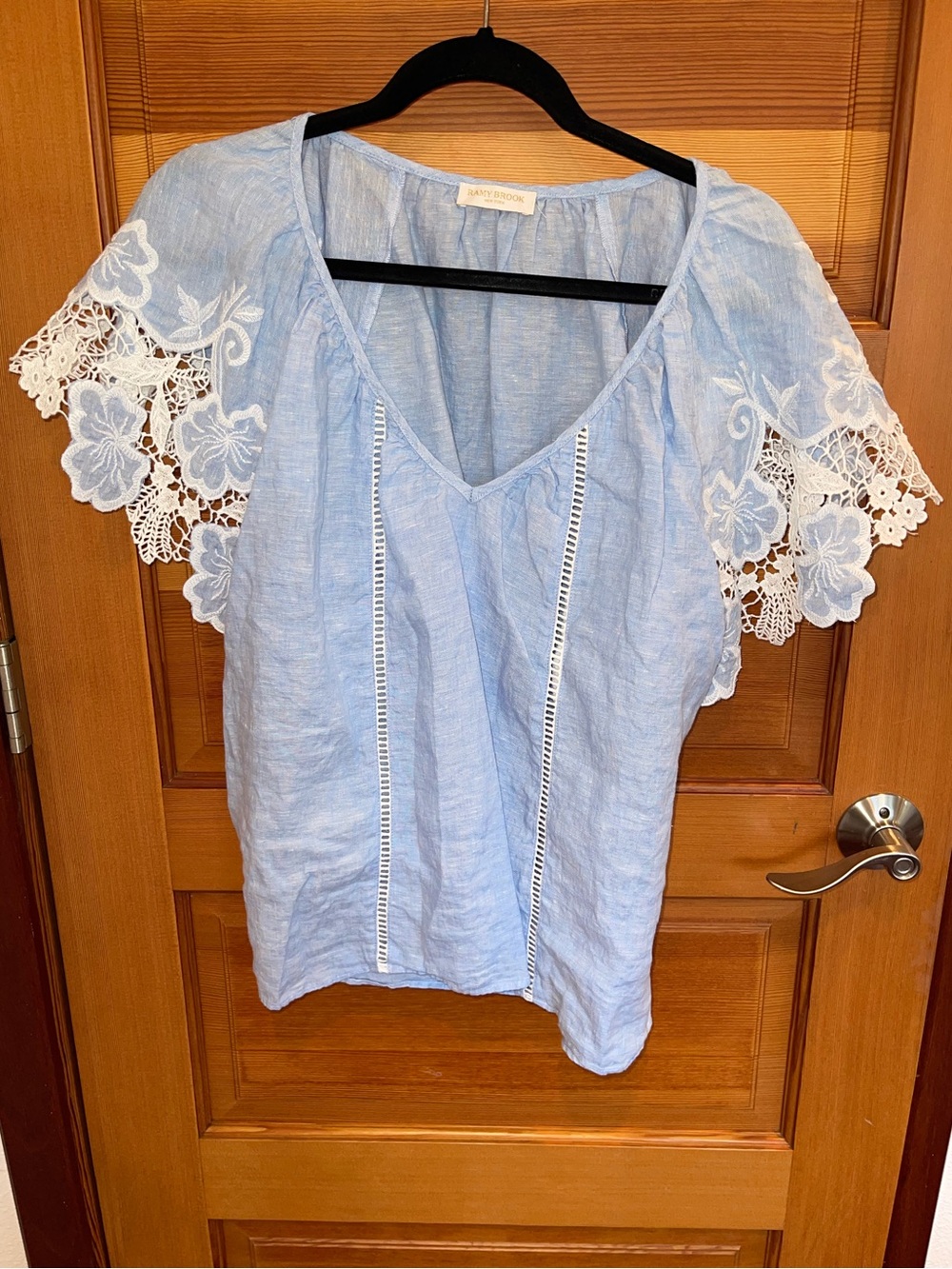 Ramy Brook Light Blue V-Neck Blouse with White Lace Flutter Sleeves - EUC - Larg